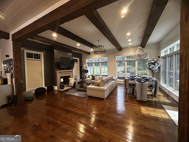 3084 Watsons Bnd, Milton, GA 30004 - living room with a chandelier, beamed ceiling, wood-type flooring, recessed lighting, and a fireplace