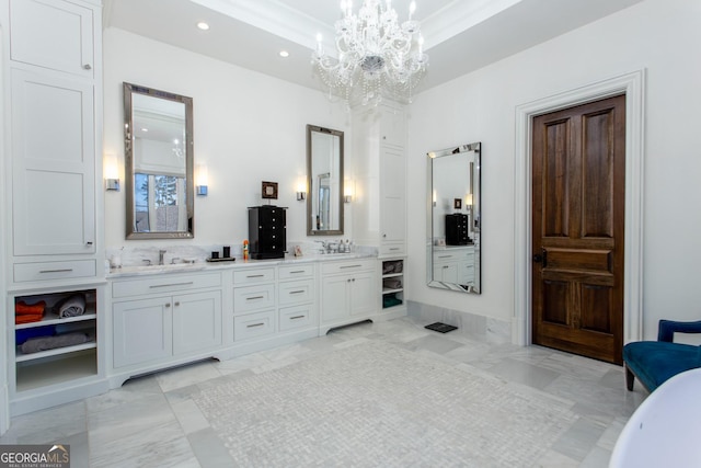 3084 Watsons Bnd, Milton, GA 30004 - bathroom with double vanity, a chandelier, recessed lighting, a soaking tub, and marble finish floors