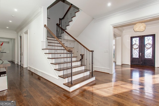 3084 Watsons Bnd, Milton, GA 30004 - foyer entrance with stairs, wood finished floors, crown molding, french doors, and recessed lighting