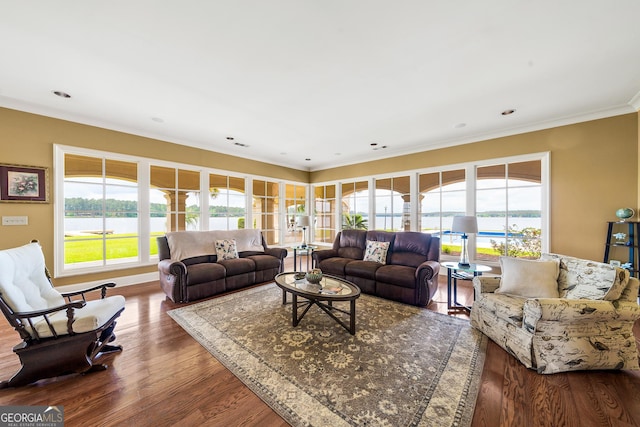745 Chickasaw Trl S, Sparta, GA 31087 - living area with ornamental molding, dark wood-style flooring, and a water view