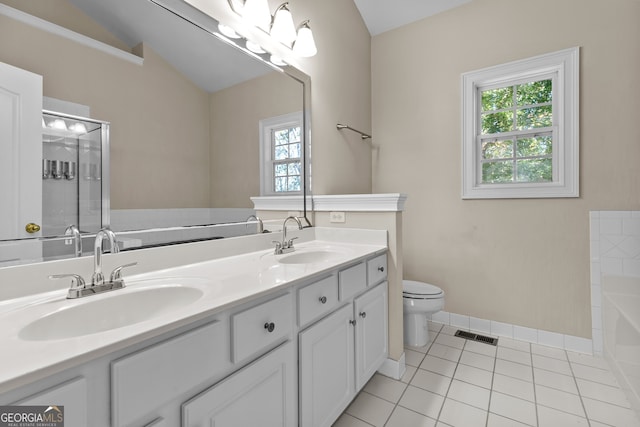 2140 Wildcat Cliffs Way, Lawrenceville, GA 30043 - full bath featuring double vanity, tile patterned floors, a tub, and a shower