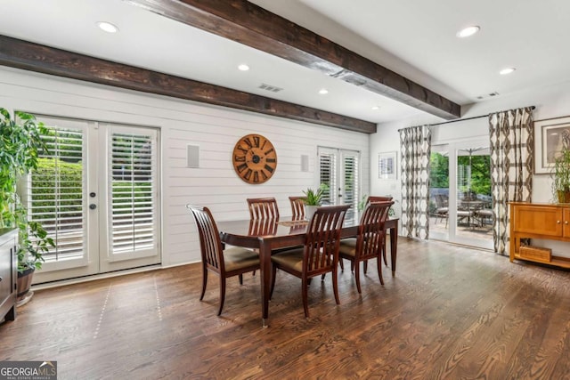 5860 Riverwood Dr, Sandy Springs, GA 30328 - dining space with french doors, beamed ceiling, wood finished floors, recessed lighting, and wooden walls