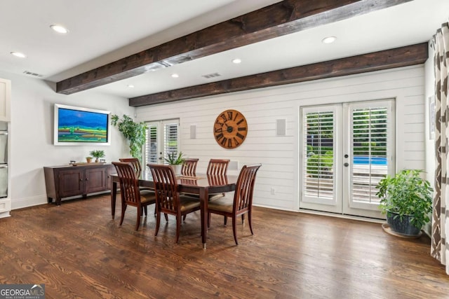 5860 Riverwood Dr, Sandy Springs, GA 30328 - dining area with french doors, beam ceiling, plenty of natural light, dark wood-style flooring, and recessed lighting
