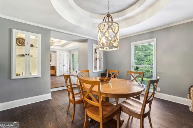 5860 Riverwood Dr, Sandy Springs, GA 30328 - dining space featuring a tray ceiling, crown molding, plenty of natural light, dark wood-type flooring, and baseboards