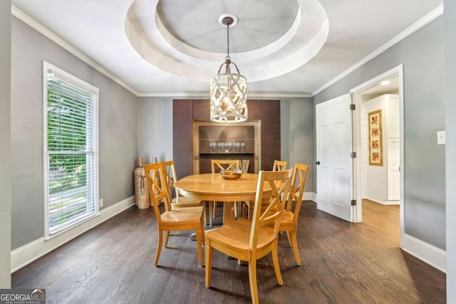 5860 Riverwood Dr, Sandy Springs, GA 30328 - dining space with dark wood finished floors, baseboards, crown molding, and a raised ceiling