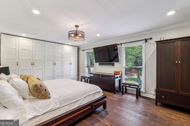 5860 Riverwood Dr, Sandy Springs, GA 30328 - bedroom featuring ornamental molding, recessed lighting, dark wood-type flooring, and baseboards