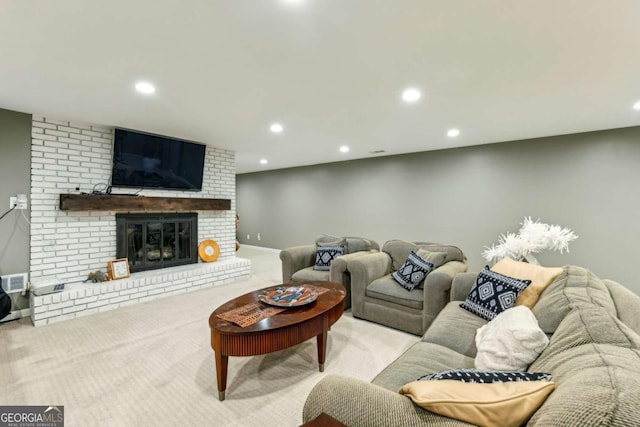 5860 Riverwood Dr, Sandy Springs, GA 30328 - carpeted living area with recessed lighting, a fireplace, and baseboards