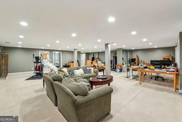 5860 Riverwood Dr, Sandy Springs, GA 30328 - living room with light carpet, recessed lighting, an office area, and baseboards