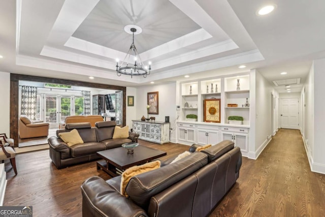 5860 Riverwood Dr, Sandy Springs, GA 30328 - living room with a raised ceiling, recessed lighting, a chandelier, and dark wood finished floors