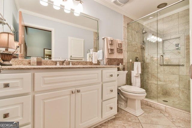 8120 Ball Mill Rd, Atlanta, GA 30350 - bathroom with ornamental molding, vanity, toilet, and a shower stall