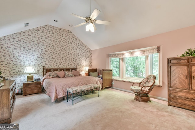 8120 Ball Mill Rd, Atlanta, GA 30350 - bedroom featuring vaulted ceiling, light colored carpet, baseboards, a ceiling fan, and wallpapered walls
