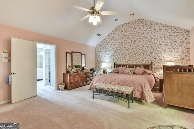 8120 Ball Mill Rd, Atlanta, GA 30350 - carpeted bedroom featuring wallpapered walls, vaulted ceiling, baseboards, and ceiling fan