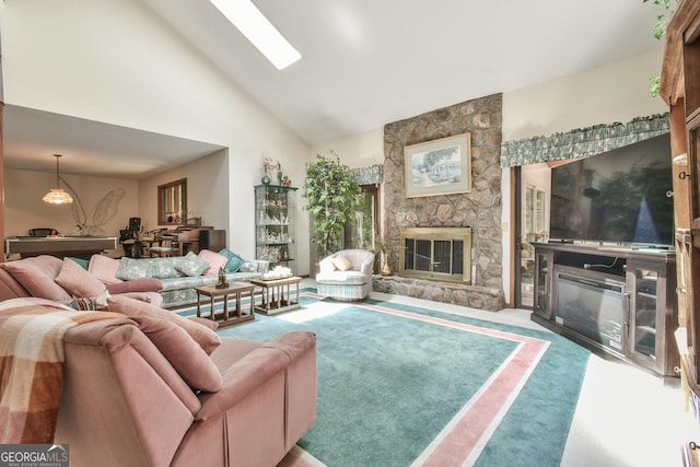 8120 Ball Mill Rd, Atlanta, GA 30350 - living room with a fireplace, high vaulted ceiling, and carpet
