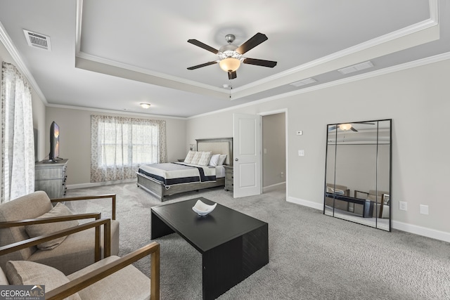 830 Tom Miller Rd, Bethlehem, GA 30620 - carpeted bedroom featuring a raised ceiling, crown molding, baseboards, and ceiling fan