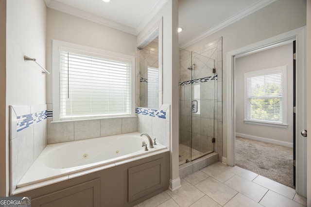 703 Burch Creek Dr, Grovetown, GA 30813 - full bathroom featuring a whirlpool tub, a stall shower, tile patterned floors, and ornamental molding