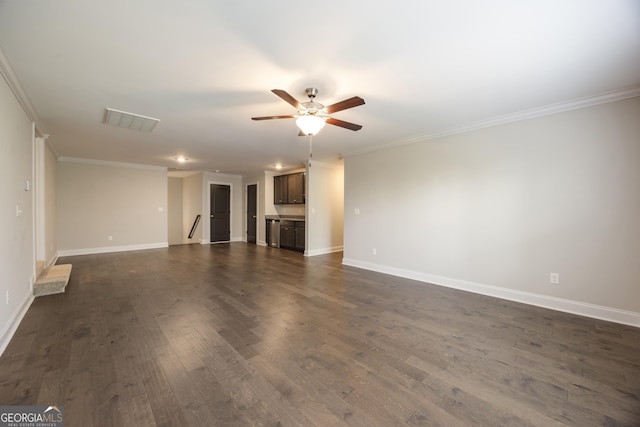 703 Burch Creek Dr, Grovetown, GA 30813 - unfurnished living room featuring a ceiling fan, crown molding, and dark wood-type flooring
