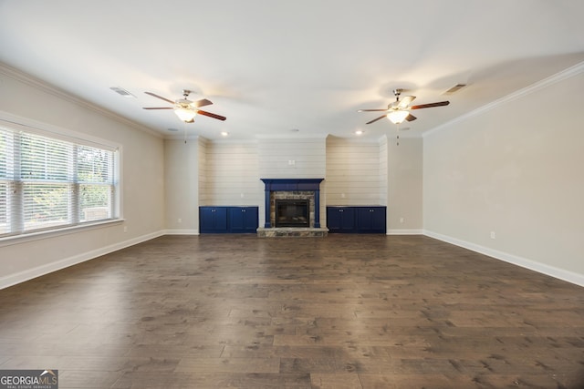 703 Burch Creek Dr, Grovetown, GA 30813 - unfurnished living room with ceiling fan, a fireplace, dark wood-type flooring, crown molding, and recessed lighting