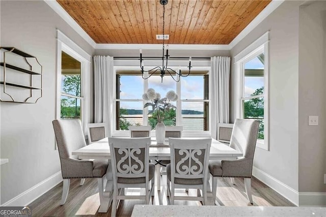 103 Jackson Ridge Dr, Monticello, GA 31064 - dining space featuring a chandelier, crown molding, baseboards, wooden ceiling, and wood finished floors