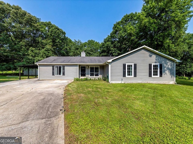 30 Court S, Ellenwood, GA 30294 - ranch-style house featuring concrete driveway, a front lawn, a chimney, and a carport