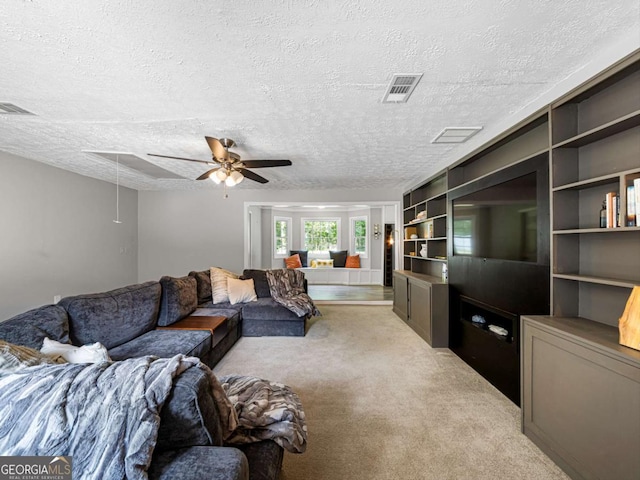 30 Court S, Ellenwood, GA 30294 - living room with light carpet, attic access, a ceiling fan, and a textured ceiling