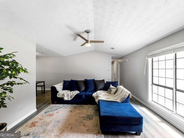 30 Court S, Ellenwood, GA 30294 - living room with wood finished floors, lofted ceiling, baseboards, a textured ceiling, and a ceiling fan