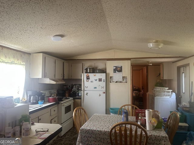 94 Payne Ln, Carnesville, GA 30521 - kitchen with white appliances, washer / dryer, plenty of natural light, lofted ceiling, and a textured ceiling