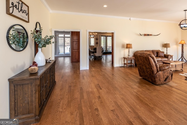 33 T J Mote Rd, Dahlonega, GA 30533 - living area with a chandelier, ornamental molding, wood finished floors, baseboards, and recessed lighting