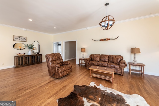 33 T J Mote Rd, Dahlonega, GA 30533 - living room featuring ornamental molding, a chandelier, wood finished floors, baseboards, and recessed lighting