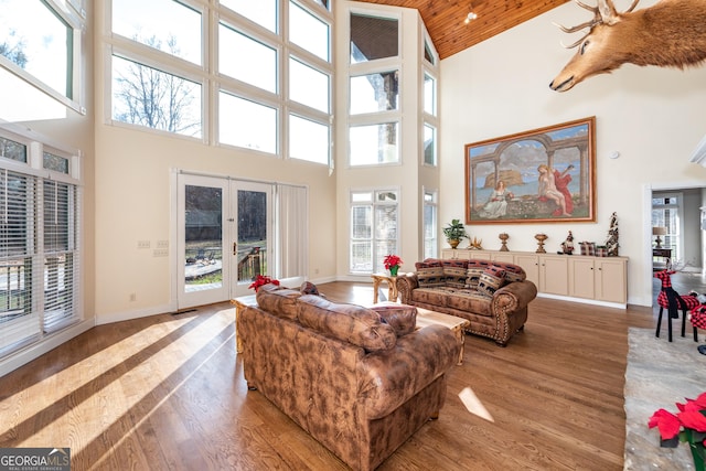 33 T J Mote Rd, Dahlonega, GA 30533 - living area featuring high vaulted ceiling, wood finished floors, french doors, baseboards, and wooden ceiling