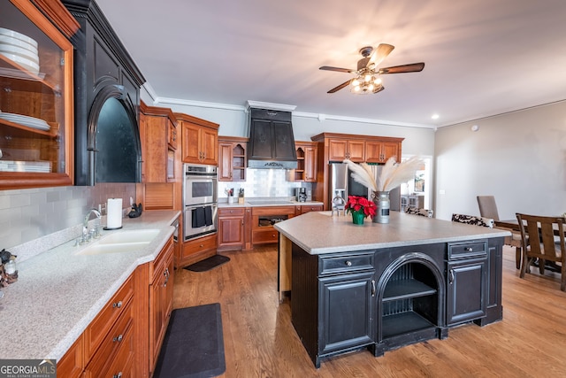 33 T J Mote Rd, Dahlonega, GA 30533 - kitchen featuring open shelves, a sink, stainless steel double oven, a ceiling fan, and crown molding