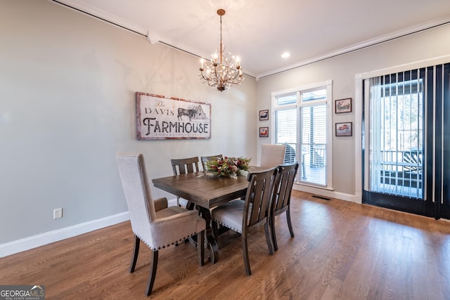 33 T J Mote Rd, Dahlonega, GA 30533 - dining space with a chandelier, baseboards, wood finished floors, crown molding, and recessed lighting
