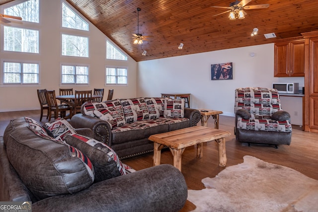 33 T J Mote Rd, Dahlonega, GA 30533 - living area featuring ceiling fan, high vaulted ceiling, light wood finished floors, wood ceiling, and baseboards