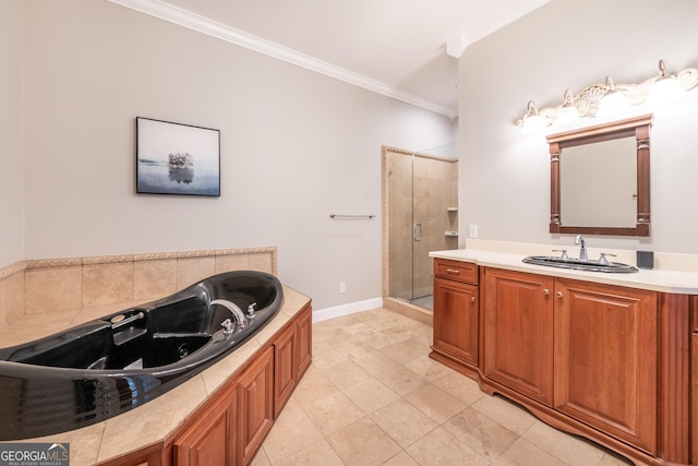 33 T J Mote Rd, Dahlonega, GA 30533 - full bathroom with ornamental molding, a shower stall, vanity, and a tub with jets