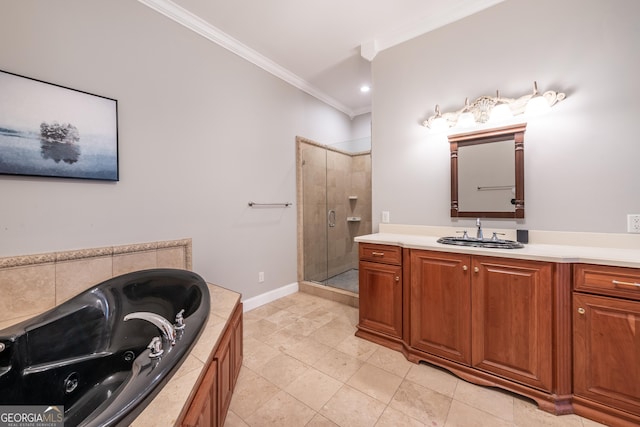 33 T J Mote Rd, Dahlonega, GA 30533 - full bath with ornamental molding, vanity, a shower stall, a jetted tub, and tile patterned floors
