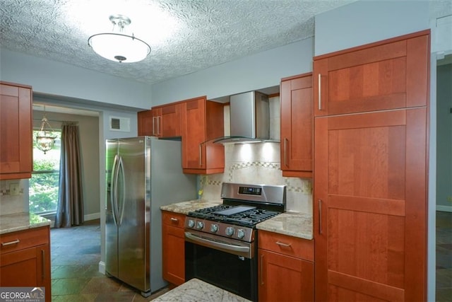 4766 Jamerson Forest Cir, Marietta, GA 30066 - kitchen with wall chimney range hood, stainless steel appliances, tasteful backsplash, brown cabinets, and a textured ceiling