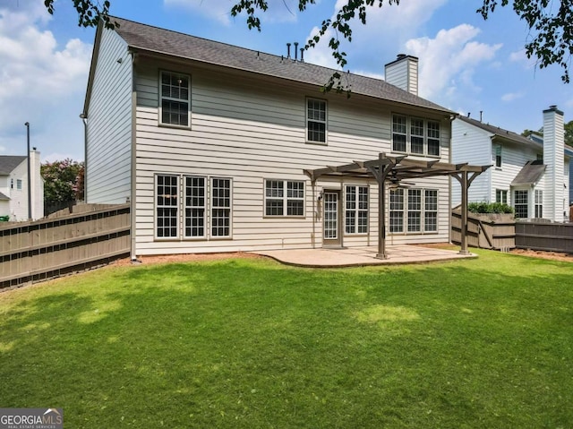144 Nocatee Trl, Woodstock, GA 30188 - rear view of house featuring a pergola, a fenced backyard, a patio, a chimney, and french doors