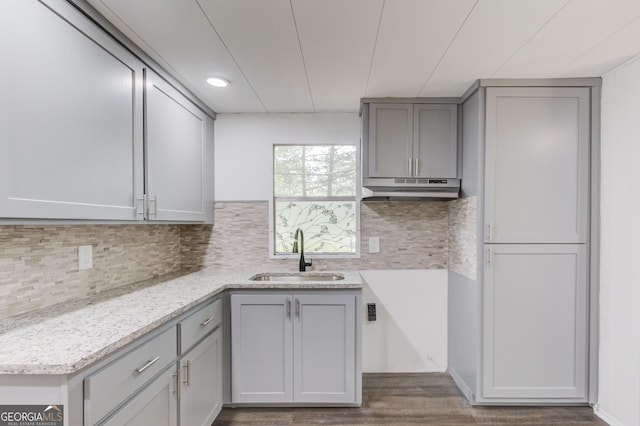 2526 Bald Eagle Trl, Gainesville, GA 30507 - kitchen featuring a sink, under cabinet range hood, gray cabinetry, wood finished floors, and tasteful backsplash