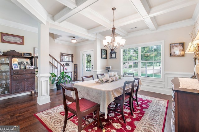 466 Sweet Apple, Buford, GA 30518 - dining space featuring beamed ceiling, stairs, coffered ceiling, dark wood-type flooring, and a chandelier