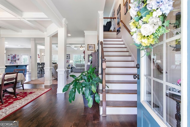 466 Sweet Apple, Buford, GA 30518 - stairs with decorative columns, ornamental molding, wood-type flooring, recessed lighting, and a ceiling fan
