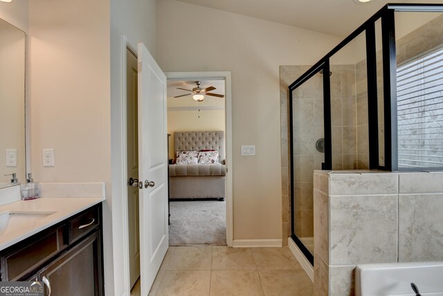 5016 Garrett Ct, Alpharetta, GA 30005 - bathroom featuring ensuite bathroom, tile patterned floors, a ceiling fan, vanity, and a shower stall