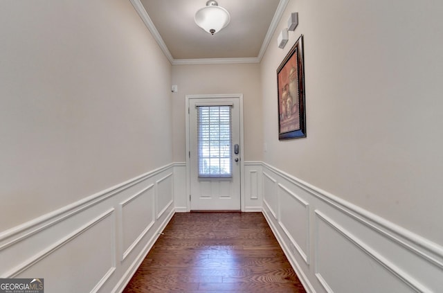 5016 Garrett Ct, Alpharetta, GA 30005 - doorway featuring ornamental molding, a wainscoted wall, dark wood-style floors, and a decorative wall
