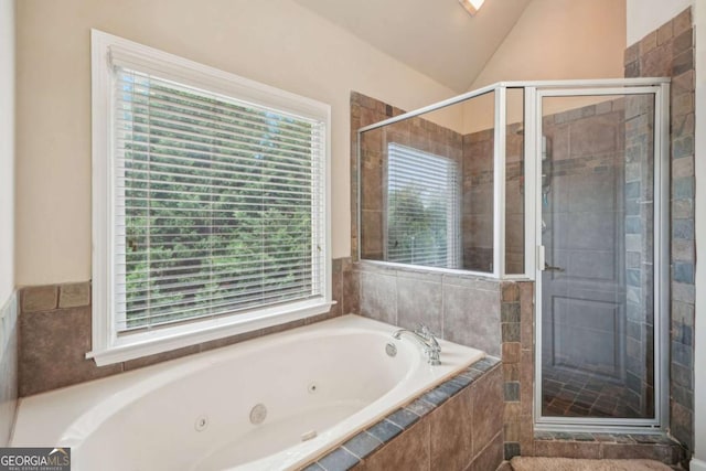 1979 Alcovy Shoals Blf, Lawrenceville, GA 30045 - bathroom with a whirlpool tub, a shower stall, and lofted ceiling