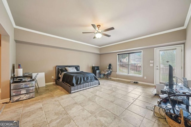 1979 Alcovy Shoals Blf, Lawrenceville, GA 30045 - bedroom featuring ornamental molding, access to exterior, light tile patterned floors, and ceiling fan