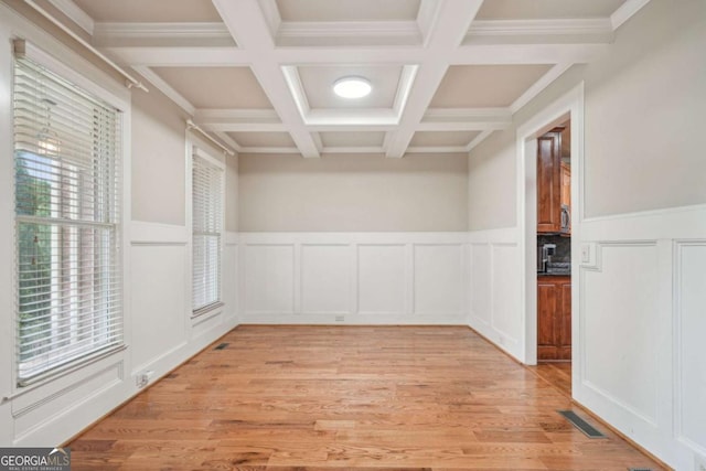 1979 Alcovy Shoals Blf, Lawrenceville, GA 30045 - empty room with coffered ceiling, a decorative wall, beamed ceiling, light wood finished floors, and wainscoting