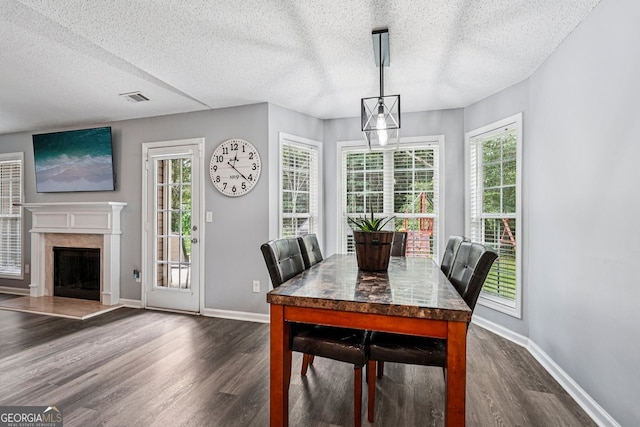 1415 Langdon Park Ct, Winder, GA 30680 - dining space with dark wood-style floors, a textured ceiling, and a high end fireplace