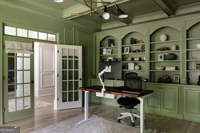 900 Crabapple Hl, Milton, GA 30004 - home office featuring crown molding, light wood-style floors, beamed ceiling, a decorative wall, and french doors
