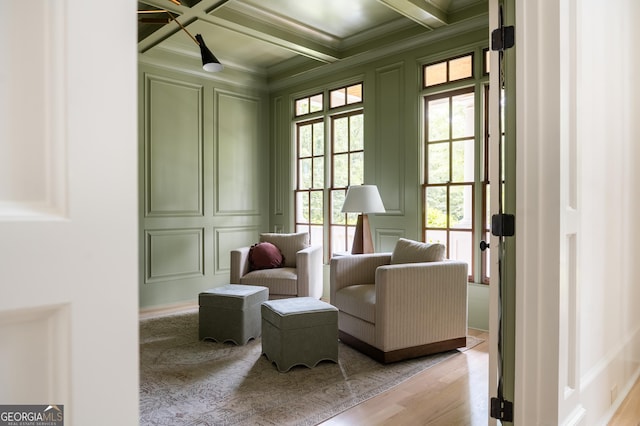900 Crabapple Hl, Milton, GA 30004 - sitting room with a decorative wall, crown molding, coffered ceiling, beam ceiling, and wood finished floors