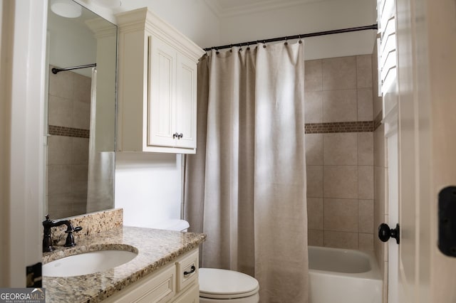 900 Crabapple Hl, Milton, GA 30004 - bathroom with vanity, toilet, shower / bathtub combination with curtain, and ornamental molding