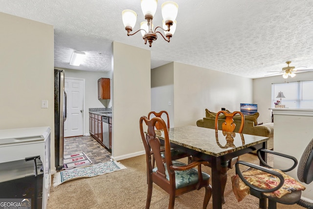 12303 Waldrop Pl, Decatur, GA 30034 - carpeted dining room featuring ceiling fan, a textured ceiling, a chandelier, and baseboards