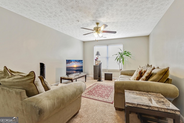 12303 Waldrop Pl, Decatur, GA 30034 - living room with light colored carpet, ceiling fan, a textured ceiling, and baseboards